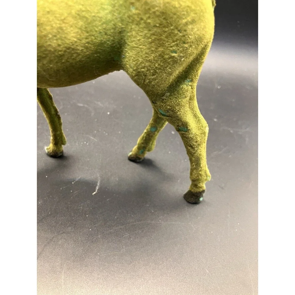 Vintage Green Reindeer Flocked Deer Christmas MCM 6” Decor Sparkly